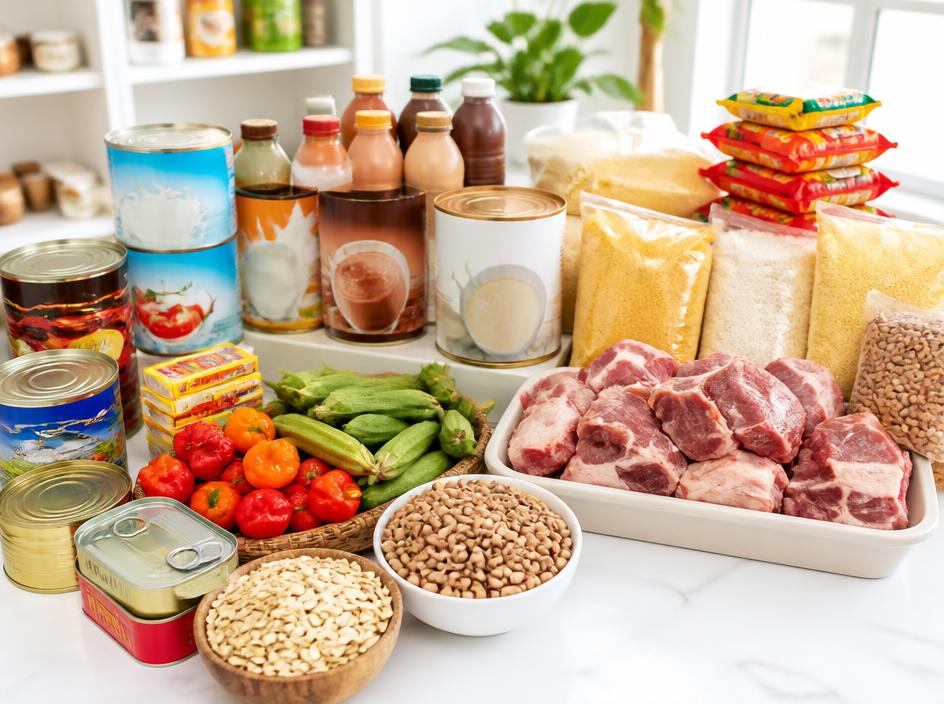Familiar African and Nigerian grocery brands beside fresh peppers, okra and beans
