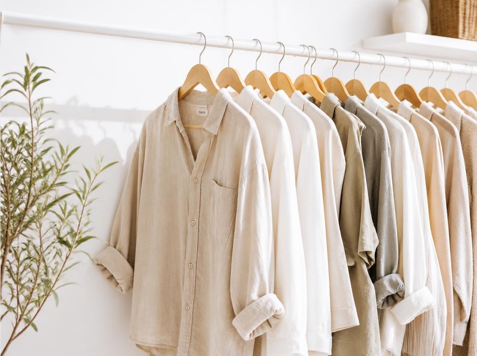 A rail of neutral linen and cotton clothing with a leather belt and bag