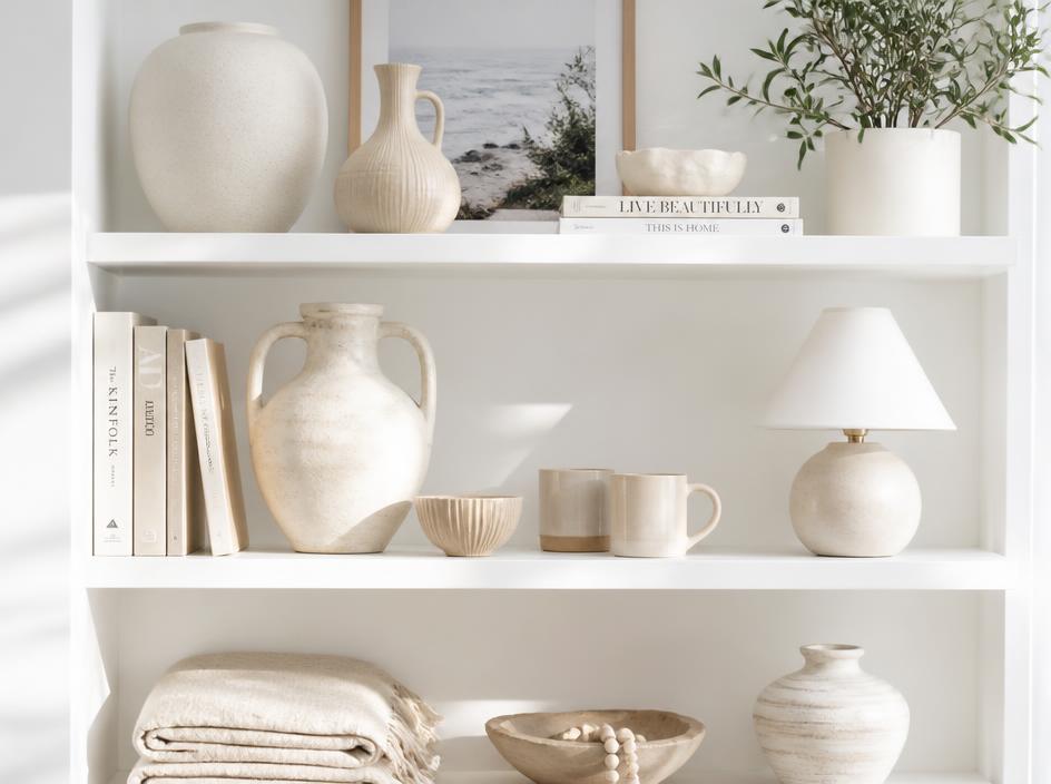 A ceramic vase, mugs and a linen throw on a shelf